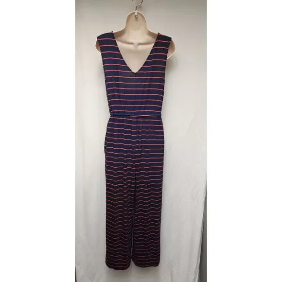 Maurices 24/7 Striped Navy Blue/Red Wide Leg Cropped Jumpsuit Size Small - Picture 4 of 7